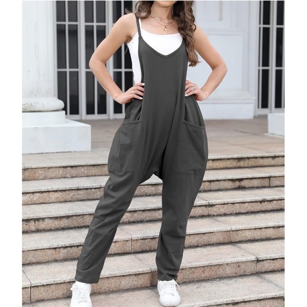 OUFEIYA Womens Casual Sleeveless Jumper Romper Loose Solid Jumpsuit Pant Gray Sm